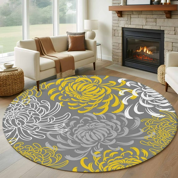 Yellow Gray Floral Round Rug 5ft Washable Circle Kitchen Rugs Non Slip Farmhouse Retro Abstract Flowers Art Large Area Rug Indoor Floor Carpet for Bedroom Living Room Home Office Dining Room Nursery