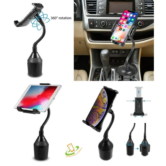 Universal Cup Holder Car Mount Gooseneck With Long Adjustable Arm Flexible And Rotatable Cradle Fit 7" to 10.2" Cell Phone Tablet GPS Stand Holder Extra Large wide - BLACK