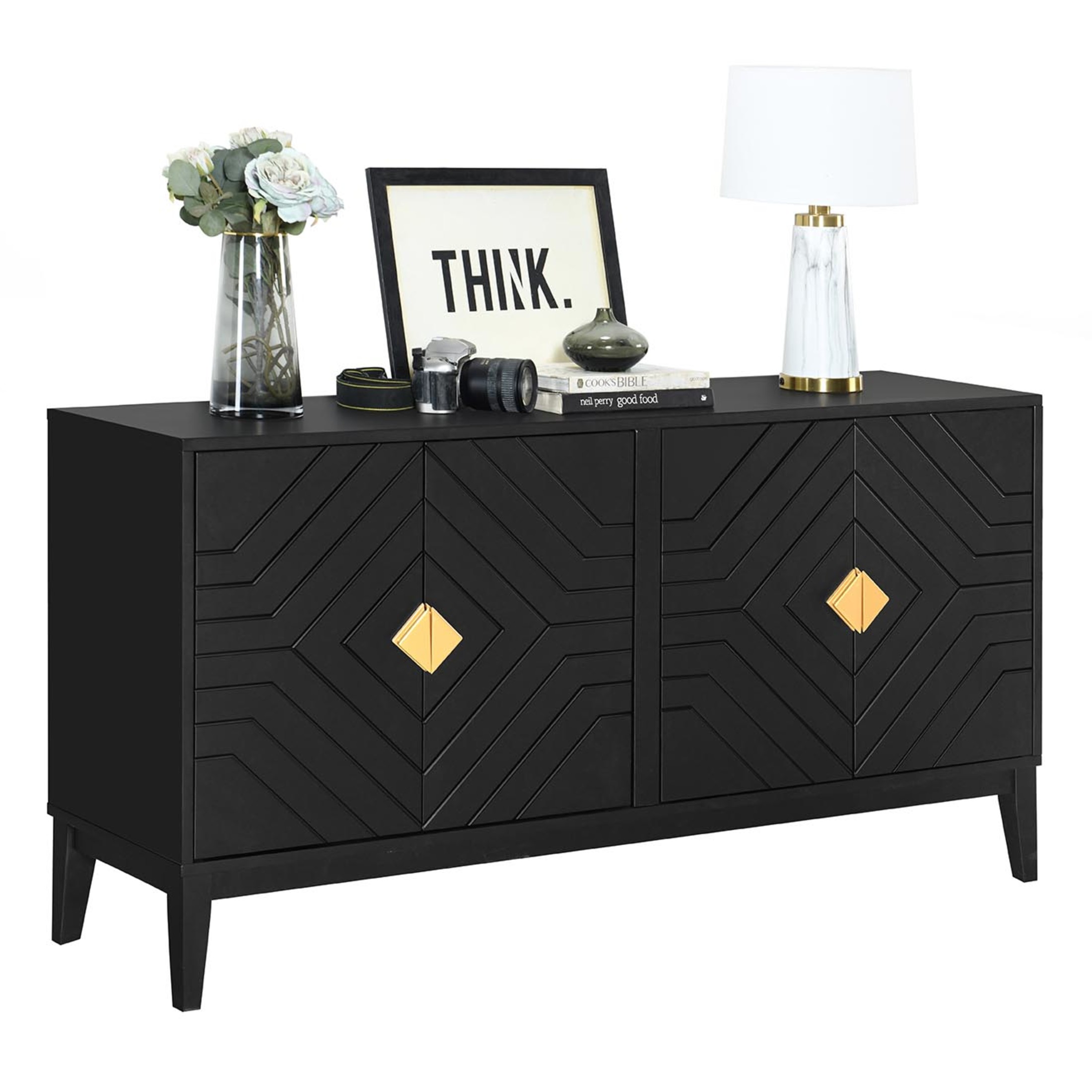 Nocle House Farron Modern 4-Door Storage Cabinet with Adjustable Shelves, Rubberwood, Black + Gold
