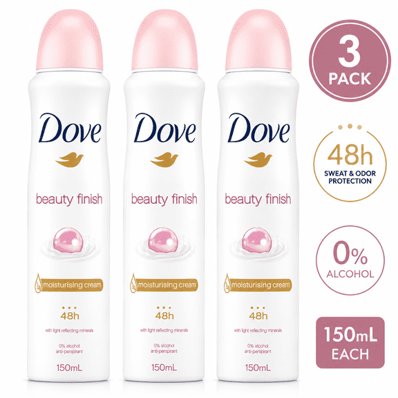 Dove Beauty Finish Antiperspirant Deodorant Spray, 150mL Each, 48H Odor & Sweat Protection, 0% Alcohol, 3 Pack