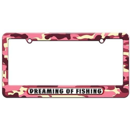 Dreaming of Fishing License Plate Tag Frame, Pink Camouflage Design 