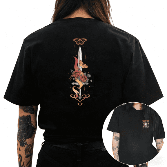 Black Sword Rose Butterfly Print Tshirt Graphic Tees Shirts Romantic Fantasy Love Strength Gift Oversized Tops S-5XL