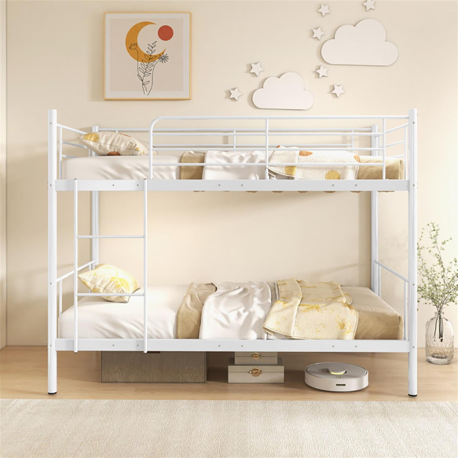 Demi Bonn Metal Bunk Bed Frame Twin Over Twin with Ladder and Full-length Guardrails, Heavy Duty Metal Bed Frame, White