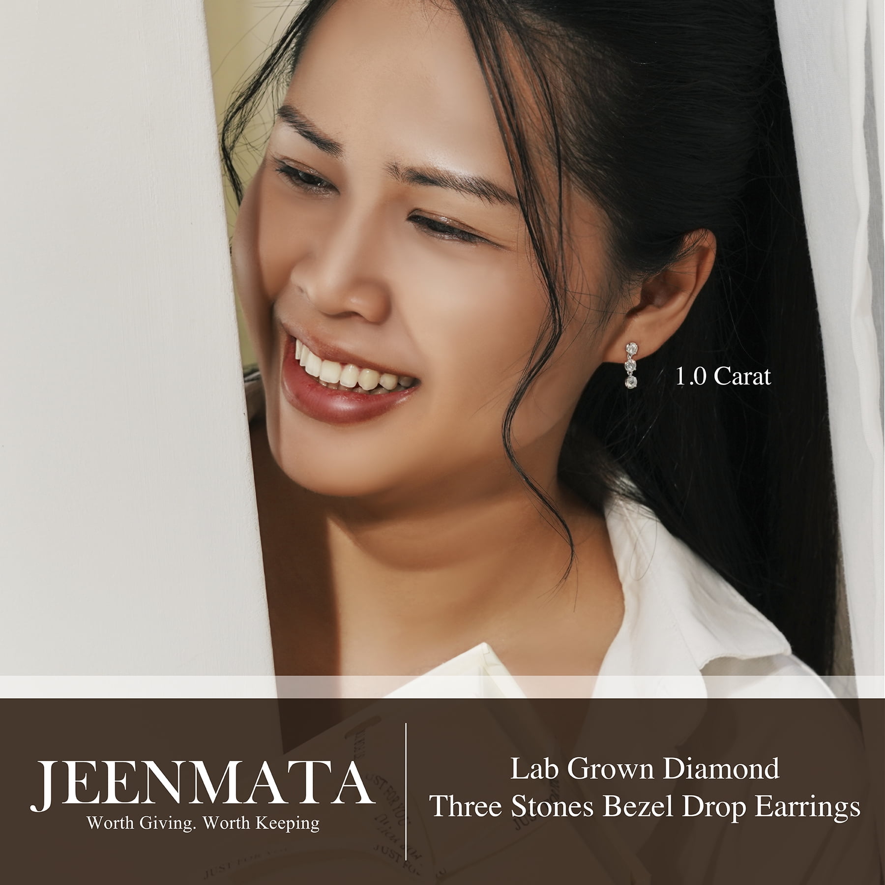 JeenMata 1 Carat Lab Grown Diamond Bezel Drop Earring - Classic Round Cut Three Stones Dangle Earrings in 18K White Gold Plating for Women, Gift for Her