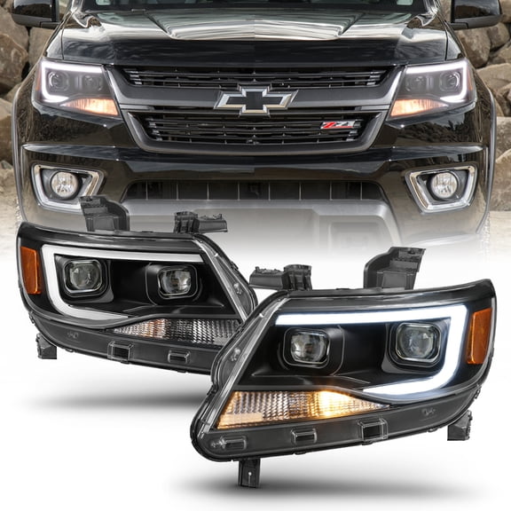 Black 2015-2022 Chevy Colorado LED Tube DRL Dual Projector Headlights Headlamps