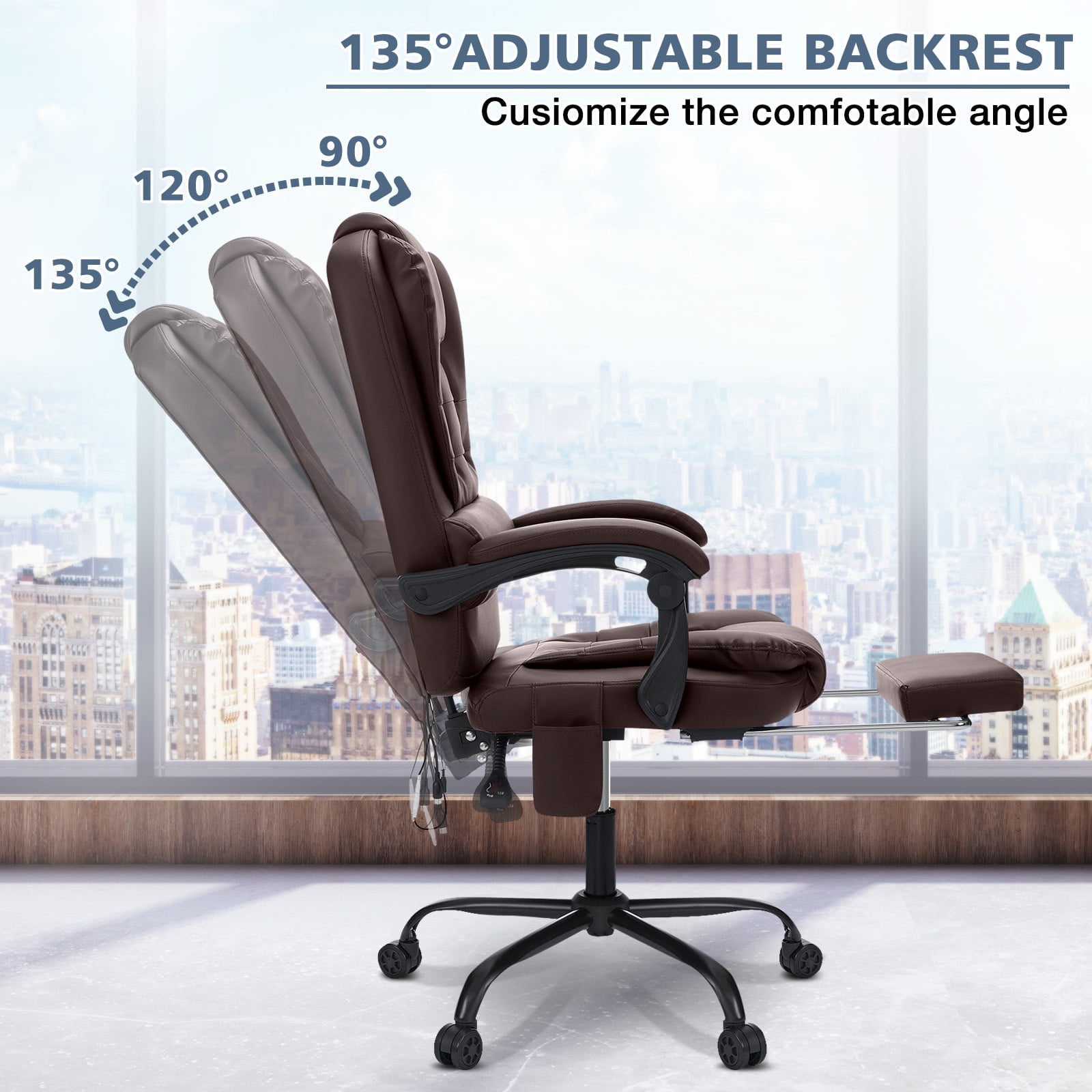 Hoffree Executive Office Chair Massage and Footrest Ergonomic Computer Desk Chair Reclining High Back Leather Office Chair Lumbar Back Support Swivel Rolling for Home Office Brown