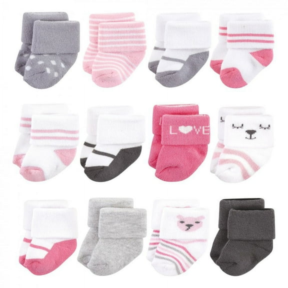 Hudson Baby Infant Girl Cotton Rich Newborn and Terry Socks, Bear Girl 12Pk, 0-6 Months