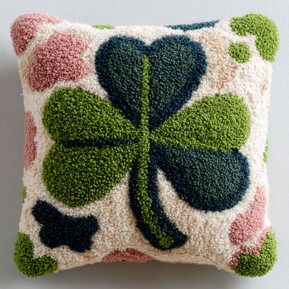 Latch Hook Throw Pillow Kit Green four-leaf clover Hooking Pillowcase Printed Canvas Cushion 17x17inch