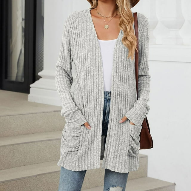 WRKEKC Women's Brushed Ribbed Cardigan Solid Color Minimalist Knit Sweater with Pockets Long Sleeve Open Front Cozy Cover Up for Versatile Layering Gray M