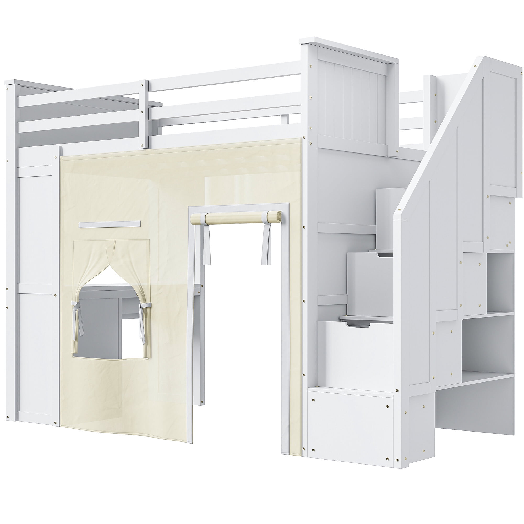 Euroco Wood Twin Size Loft Bed with Desk and Drawers, Storage Bed with Shelves and Curtain, White