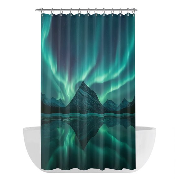 Night Sky Shower Curtain - Water Repellent Fabric Shower Curtains Washable, Winter Snowy Green Natural Light Mountain Decorative Polyester Cloth Bathroom Curtains Modern Bath Decor 36"x72"