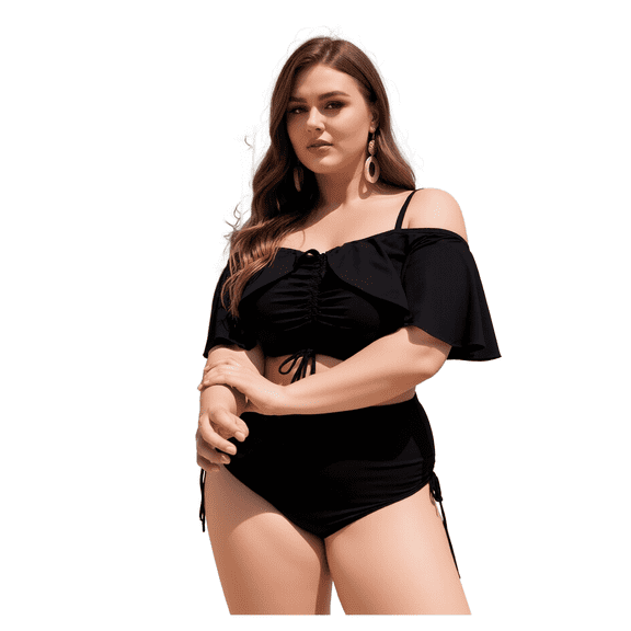 Women's Plus Size Two Piece Bikini Set Black Off Shoulder Ruffled Drawstring for Beach Pool