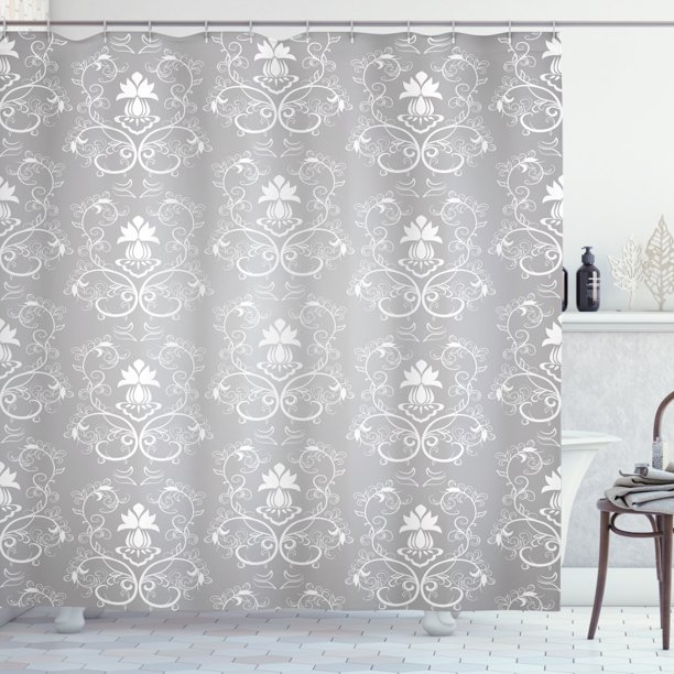 Damask Shower Curtain, Damask Style Antique Floral Motifs Pattern Royal