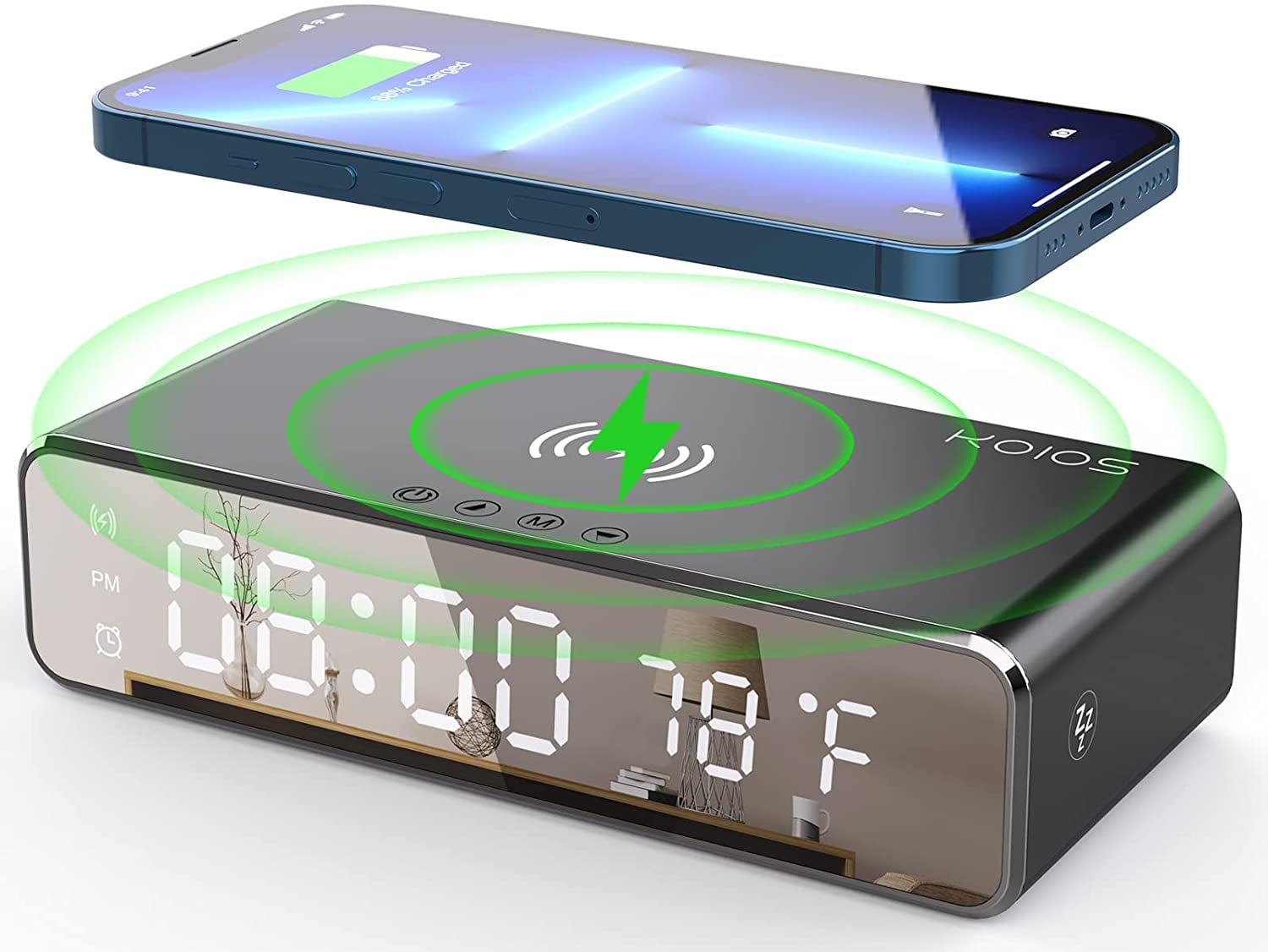 Scheur In de genade van eer KOIOS 15W Fast Wireless Charger Digital Alarm Clock LED Display Sleep Timer  for Smart Phone Black - Walmart.com