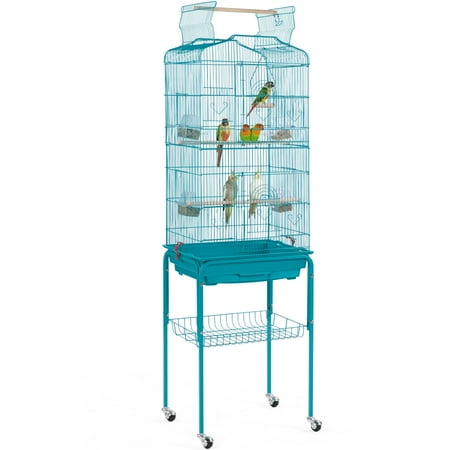 Yaheetech 64''H Open Top Metal Bird Cage Large Parrot Cage w/ Double Doors & Rolling Stand for Budgie Parrot Canary Cockatiel, Teal Blue