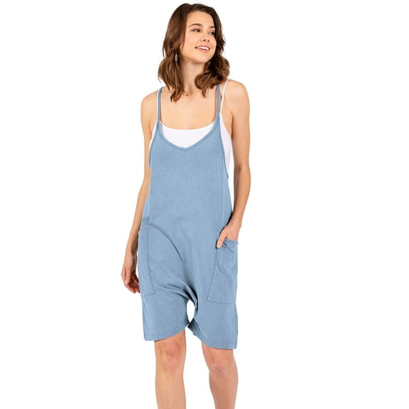 Double Zero Women's Oversized Baggy Side Pockets Harem Fit Romper (Blue, Large)