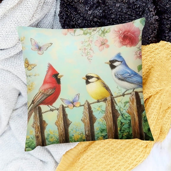 ZFLMY Spring Flowers Birds Pillow Covers  Colorful Butterfly Bird Floral Decorative Throw Pillowcases Square Cotton Cushion Cover for Home Couch Sofa Porch Outdoor Decor 18x18in