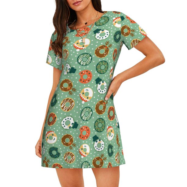 Easygdp Christmas Donuts Camisón de manga corta para mujer, informal, estampado
