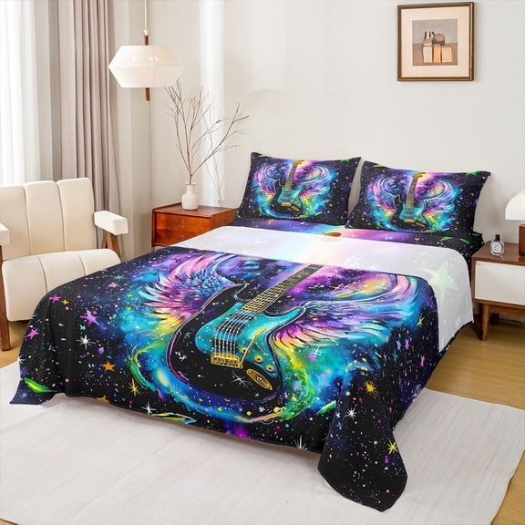 Castle Fairy Boys Girls Music Guitar Twin Sheet Sets,Gradient Angel Wings Bedding