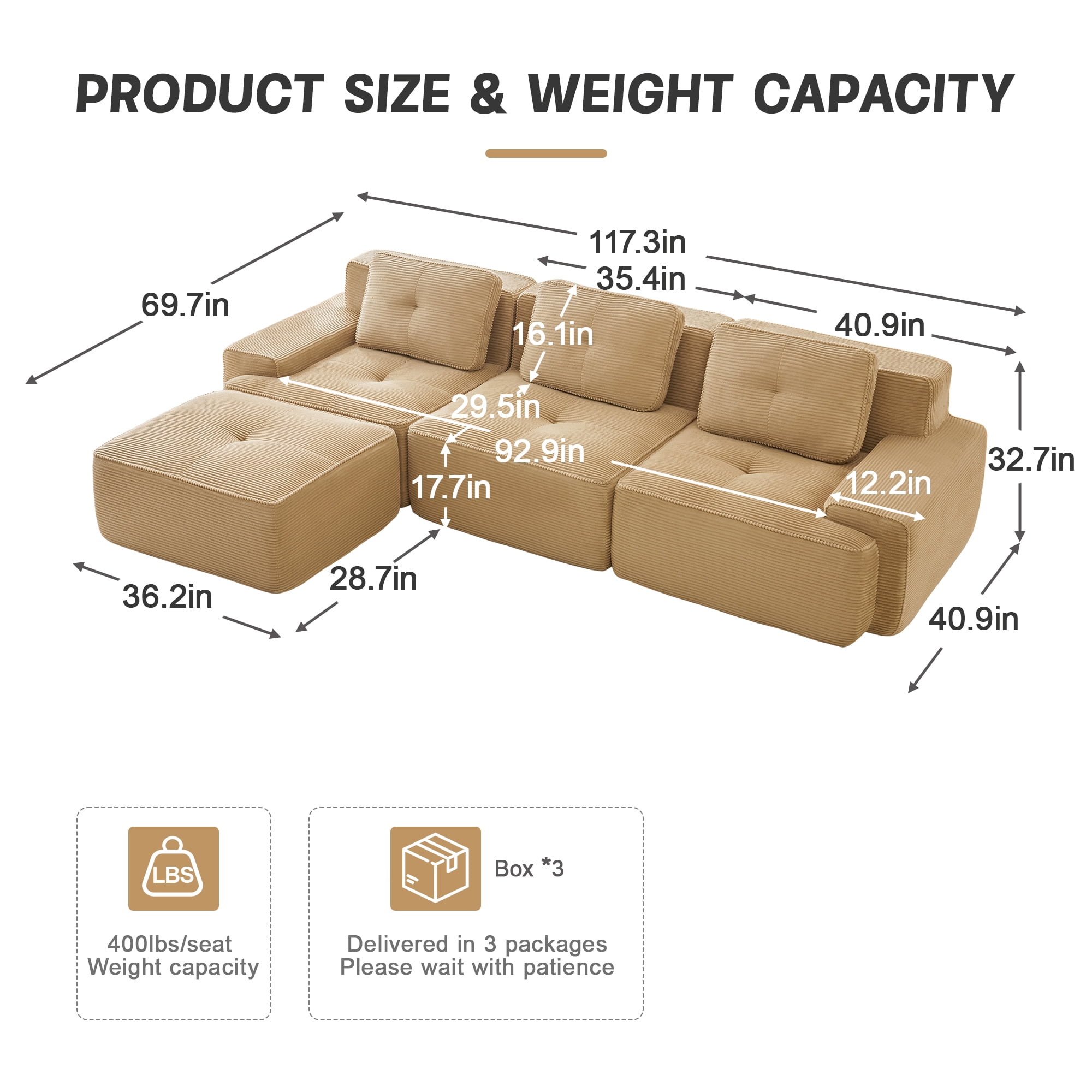 Yoneston 117" L-Shaped Modular Sectional Sofa 3 Seater Couch with Cushions and Ottoman, No Assembly Corduroy Sofa with Deep Seating for Living Room Bedroom Apartment, Camel