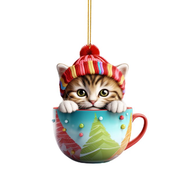Cute Cup Cat with Scarf Decorative Hanging Acrylic for Christmas Indoor