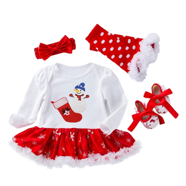 1 Set Baby Baby Manga larga Vestido Zapatos de Navidad Elasticidad Diadema Pierna Calentador