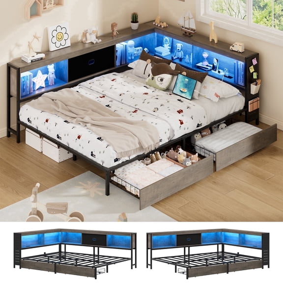 Lusimo Full Corner Bed Frame with Bookcase Storage and LED Lights & Charging Station, Metal Platform Bed Frame with Storage Drawers Underneath for Bedroom, Gray