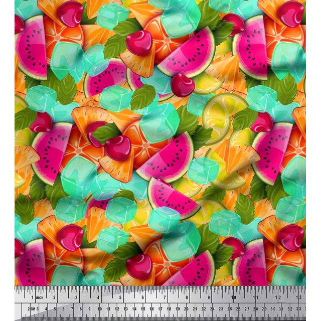 Soimoi Rayon Crepe Fabric Lemon Slice,Cherry & Watermelon Fruits Print Sewing Fabric Yard 46 Inch Wide