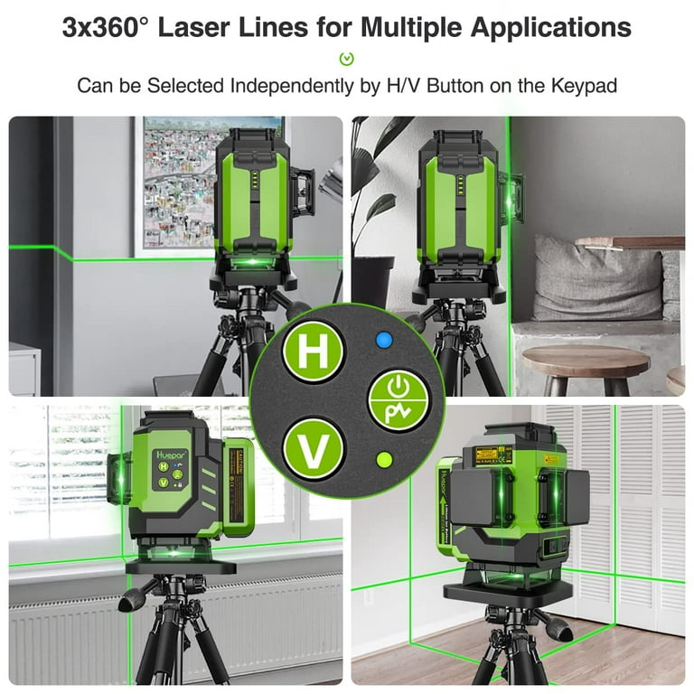 Huepar 3D Cross Line Laser level 3 x 360 Degree Green Beam Self-Leveling  Tiling Floor Laser Leveler Tools with 2 Li-ion Batteries LS03DG