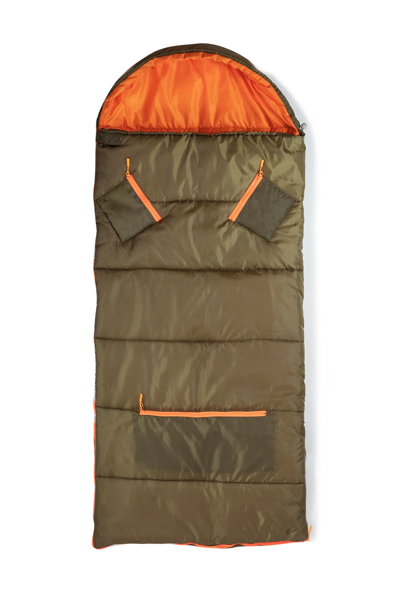 Mimish Sleep-N-Pack, 37F Kid's Sleeping Bag & Backpack, Olive Green/Bright Orange