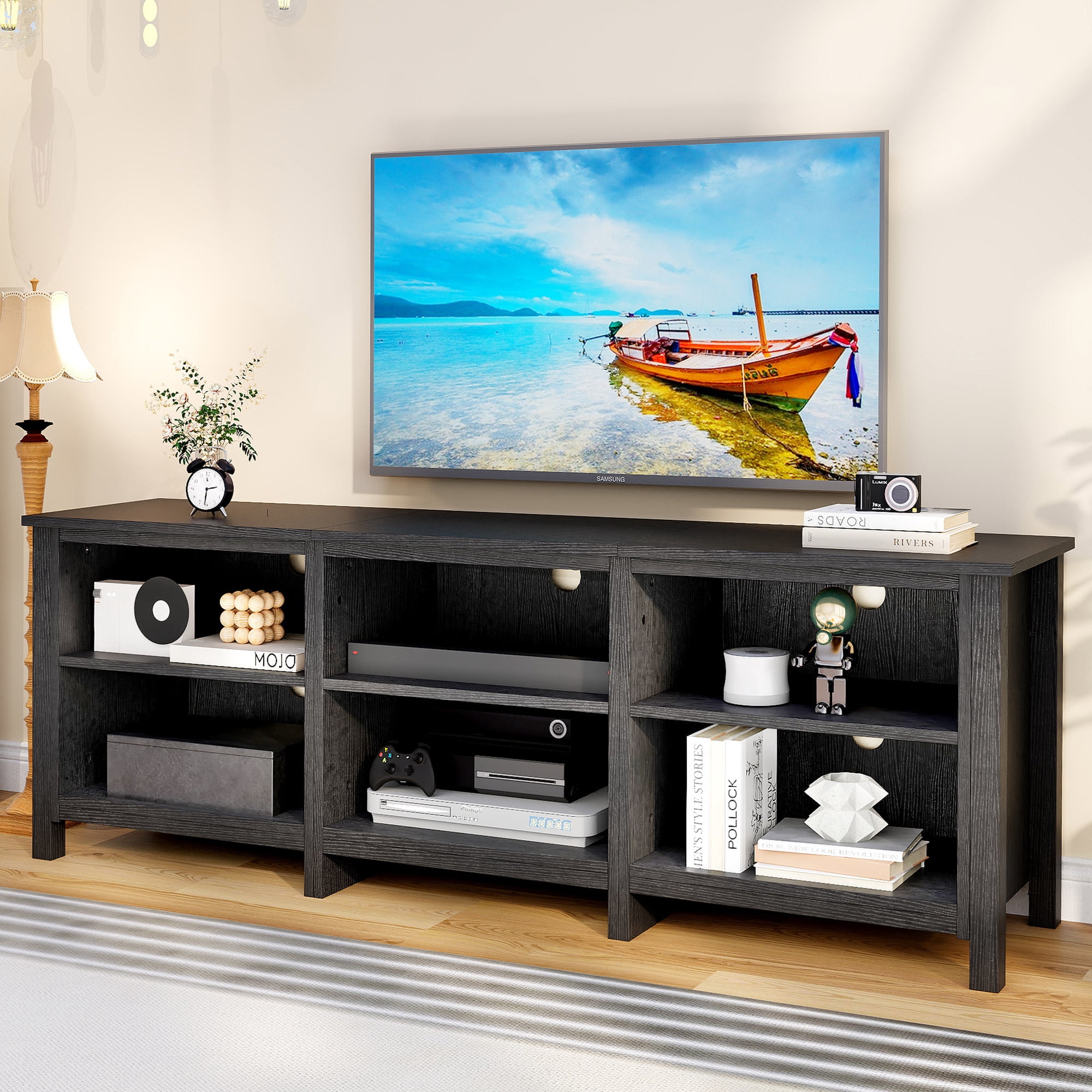 Dextrus Modern TV Stand for TV up to 80 inch, Classic 6 Cubby DIY Media Entertainment Center Console Table for Living Room Bedroom, 69", Black