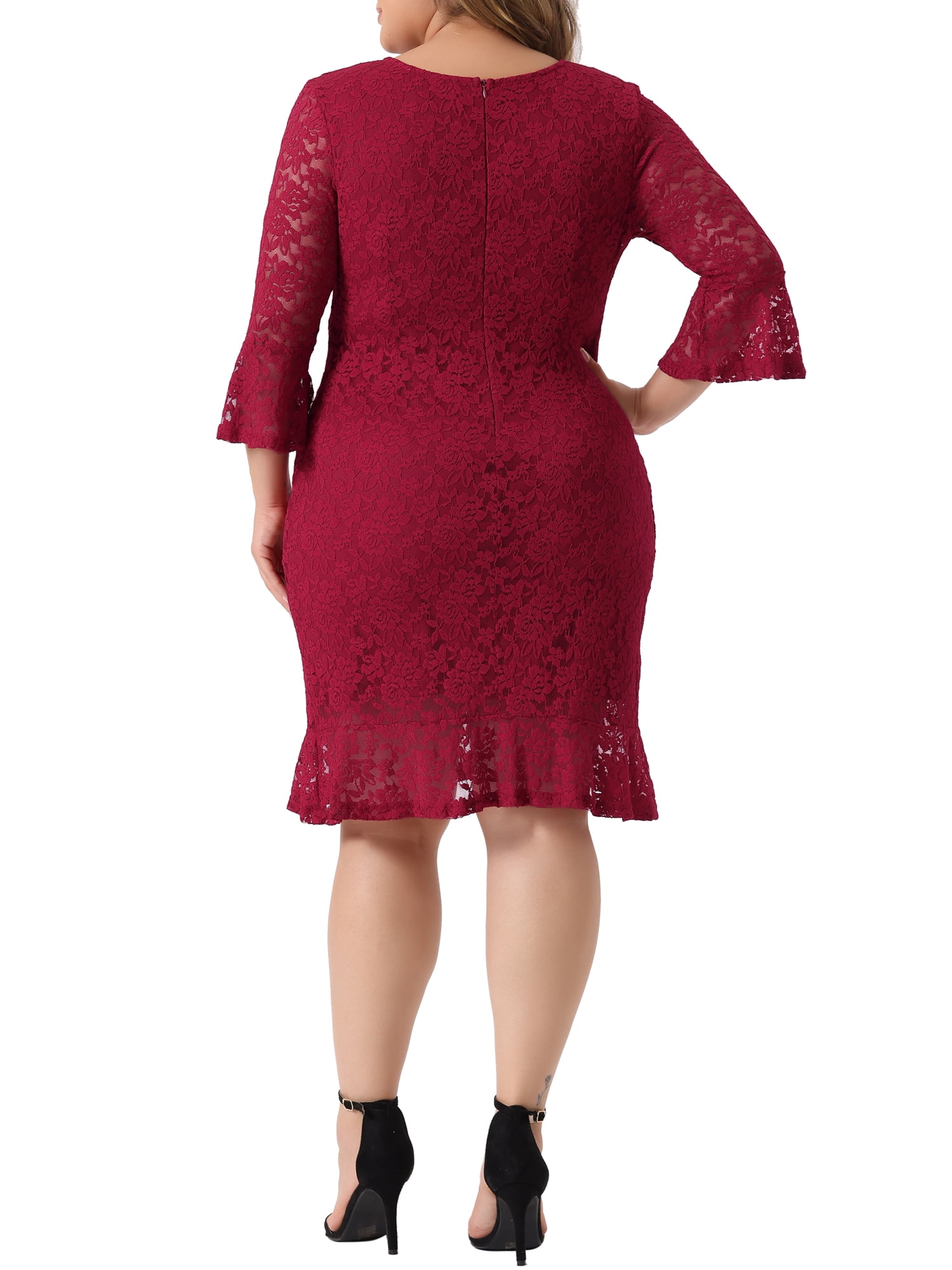 DARING DIVA Plus Size V Neck Ruffle Hem Lace Cocktail Dress 1X Burgundy