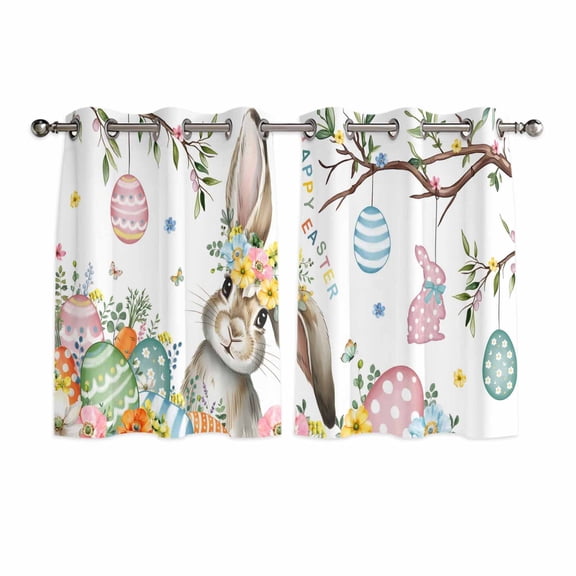 Easter Bunny Kitchen Curtains Window Panels, Spring Easter Eggs Floral Leaves Watercolor Insulated Window Treatment Curtain, Grommet Curtains for Bedroom/Living Room/Bathroom, 2 Piece 42"Wx45"L
