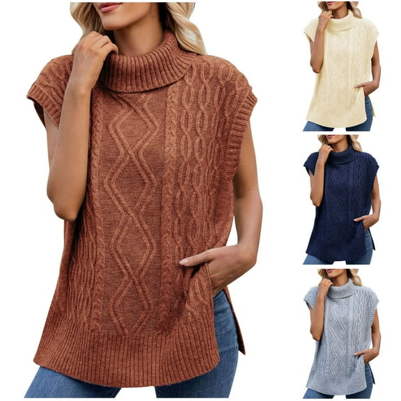Women's High Collar Sleeveless Knit Sweater Waistcoat Top Casual Style Fashion Pullover Vest | CSEONE,Beige L
