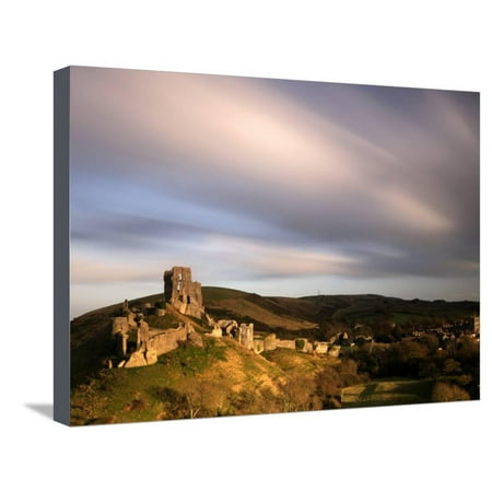 Corfe Castle and Corfe Village, Late Evening Light, Dorset, Uk. November 2008 Stretched Canvas Print Wall Art By Ross
