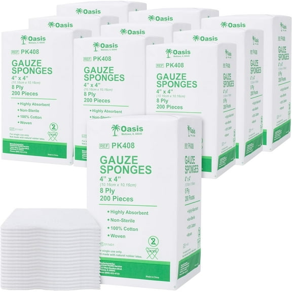 4 x 4 inch Gauze Sponges, 100% Cotton, 8-Ply Woven Non-Sterile Gauze, 2000 Pc (10 Packs of 200)