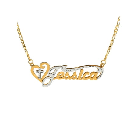 - Personalized Sterling Silver, Gold Plated, 10k or 14k Religious Nameplate Necklace with Heart and Cross with an 18 inch Silver Plated Figaro Chain