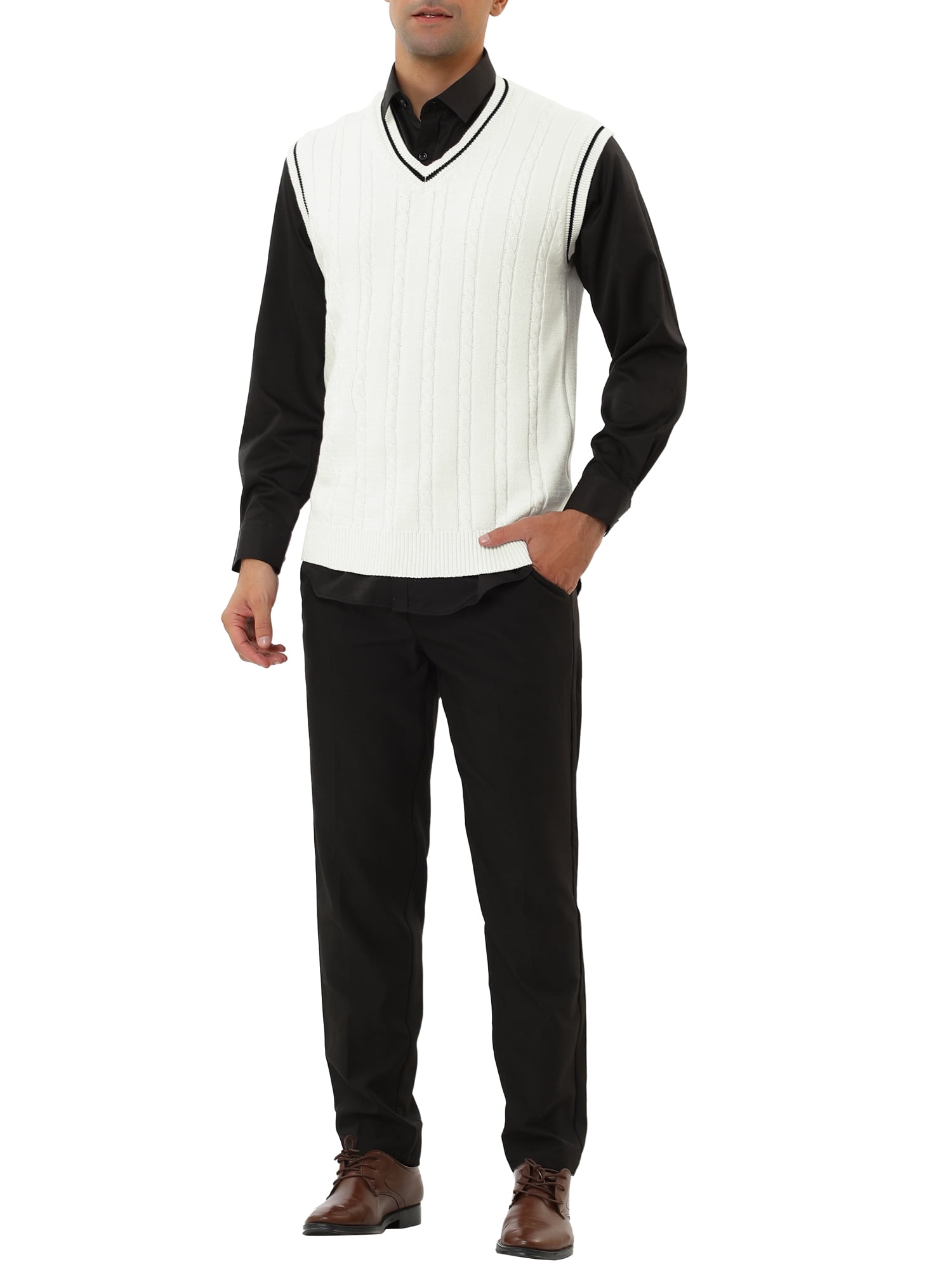 Unique Bargains Men's Classic Knitted Sleeveless V-Neck Pullover Sweater Vest S White