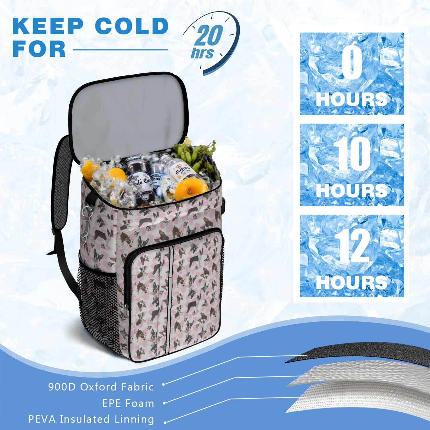 Travel Cooler Bag - Cute Boston Terrier Dog and Pink Love Heart Camping Beer Cooler Backpack with Bottle Opener- Waterproof Insulated Picnic Backpacks - Cooler Bag for Beach
