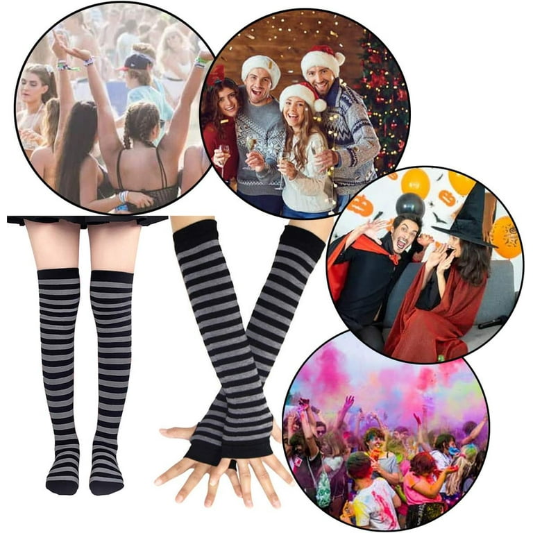 Rainbow Striped Knee-High Socks & Fingerless Gloves Set – Stretchy, Colorful, Thumb Hole Design