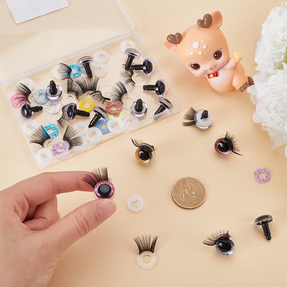 16 Sets 8 Colors Glitter Plastic Eye with Eyelashes Eye Make Up Accessories for DIY Craft Making Mixed Color 22x14mm 2 sets/color