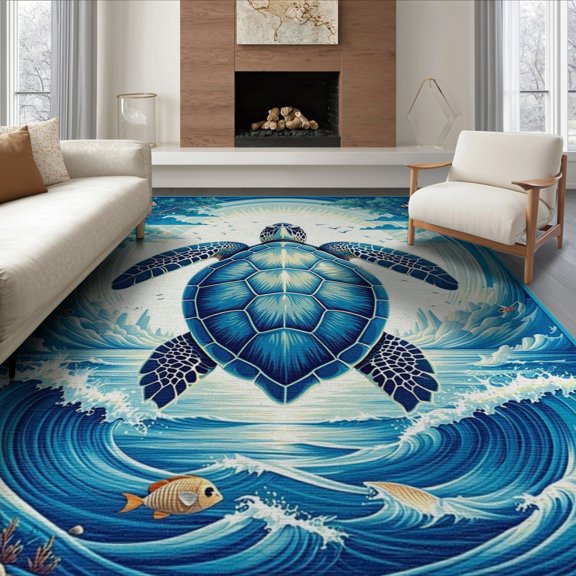 ODIKA 8'x10' Washable Area Rug Durable, Non-Slip Animals Turtle Symmetrical Ocean Wave Border Nautical Motif Scattered for Living Room, Under Sectional, Family