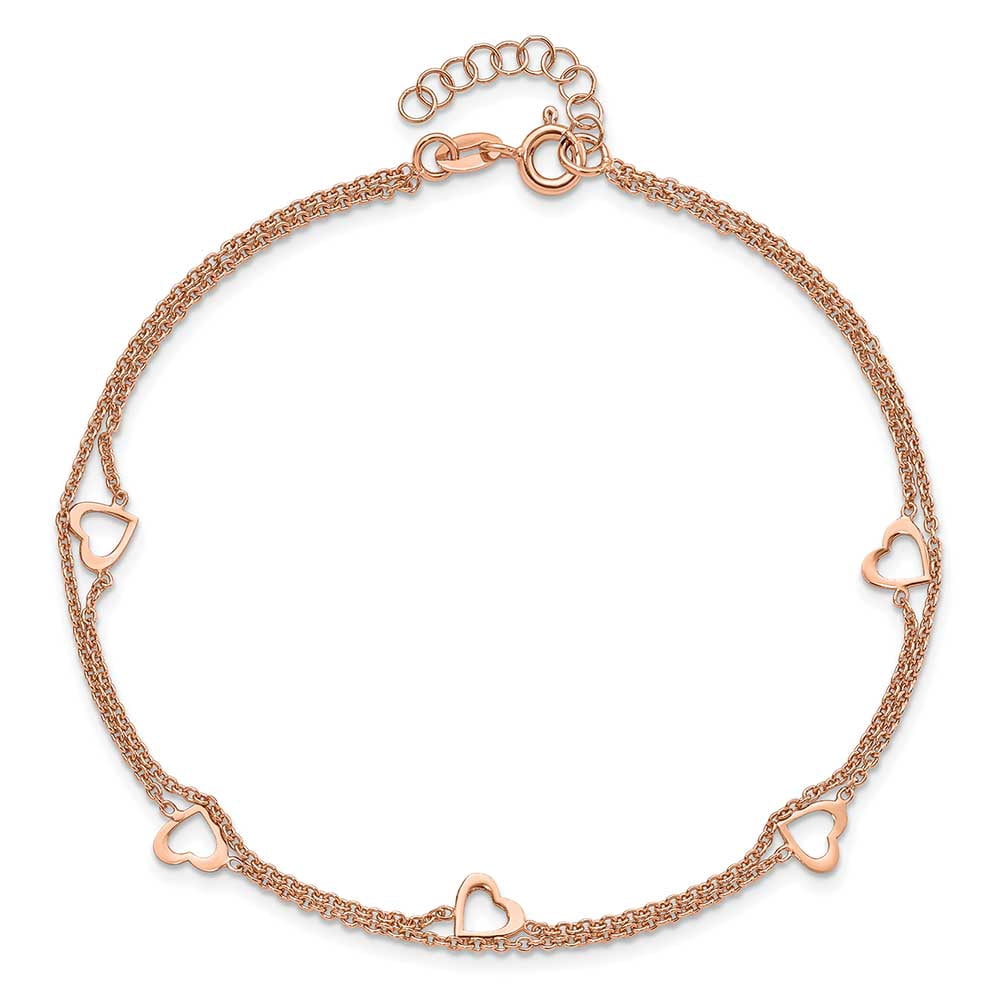 Sterling Silver Rose-tone Polished Heart 9in Plus 1in Anklet QG4186