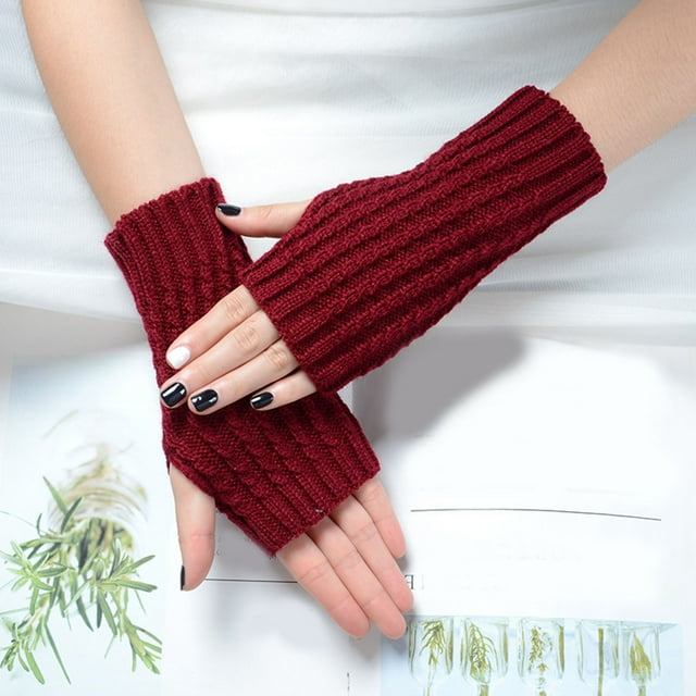 Moins de 10$ Mitaines Rouges pour Femmes Couleur Unie Tricot Laine Demi-Doigt Longs Gants Automne et Hiver Femmes Chaud Rosée Manches Courtes