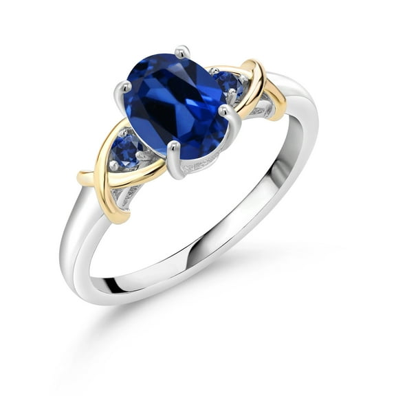 Gem Stone King 925 Sterling Silver and 10K Yellow Gold Blue Created Sapphire Ring for Women (1.69 Cttw, Oval 8X6MM, Size 5)