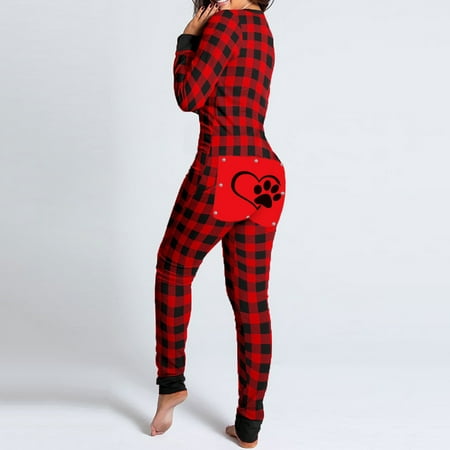 

Winter Clearance! purcolt Women s Butt Flap Onesie Pajamas Plus Size Jumpsuit Sleepwear Sexy V Neck Bodycon Bodysuit Buffalo Plaid Long Sleeve One Piece Rompers Overall Nightwear