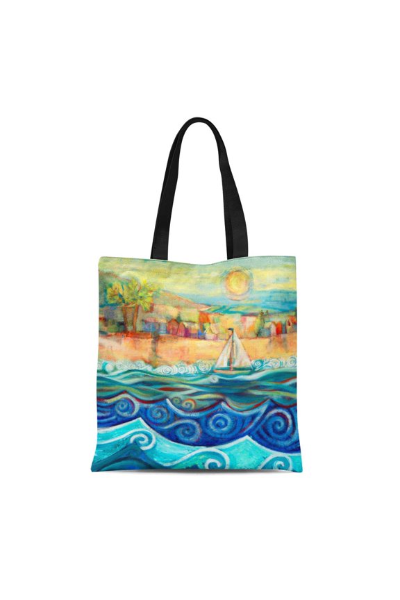 Canvas Tote Bag Jen Sail Away Tropical Norton Boat Sea Coastal Living Reusable Handbag Shoulder Grocery Shopping Bags