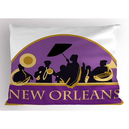 New Orleans Pillow Sham, French Quarter Band with Jazz Trumpet Saxophone and Brass, Decorative Standard Size Printed Pillowcase, 26 X 20 Inches, Blue Violet Earth Yellow Black, by