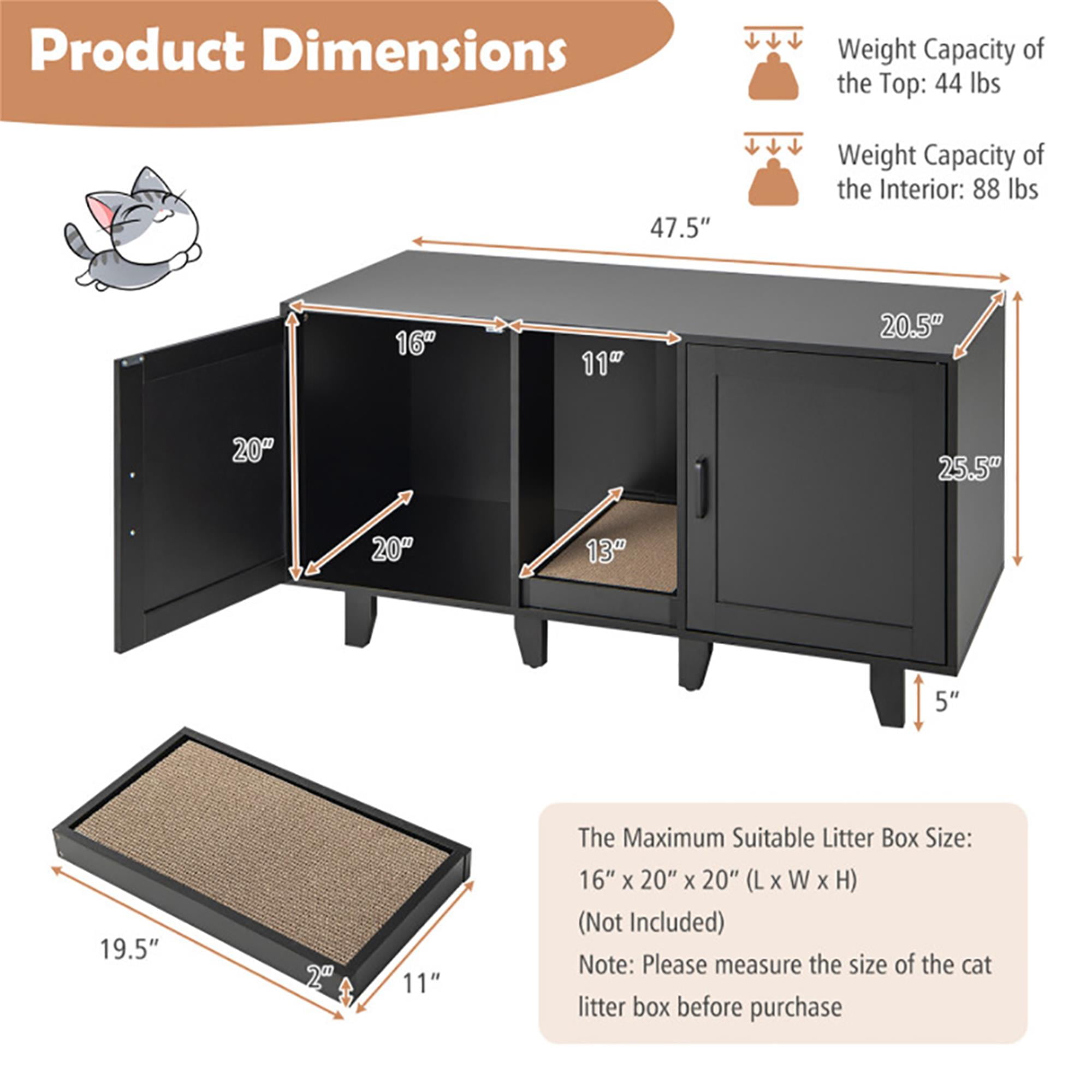 Kadyn 47" Litter Box Enclosure for 2 Litter Boxes, Hidden Cat Washroom with 2 Cabinet House, Scratching Board, Indoor Cat Litter Furniture, Black