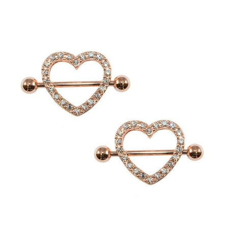 Rose Gold Heart Nipple Ring 14g Ion Plated With Gems 1Pair